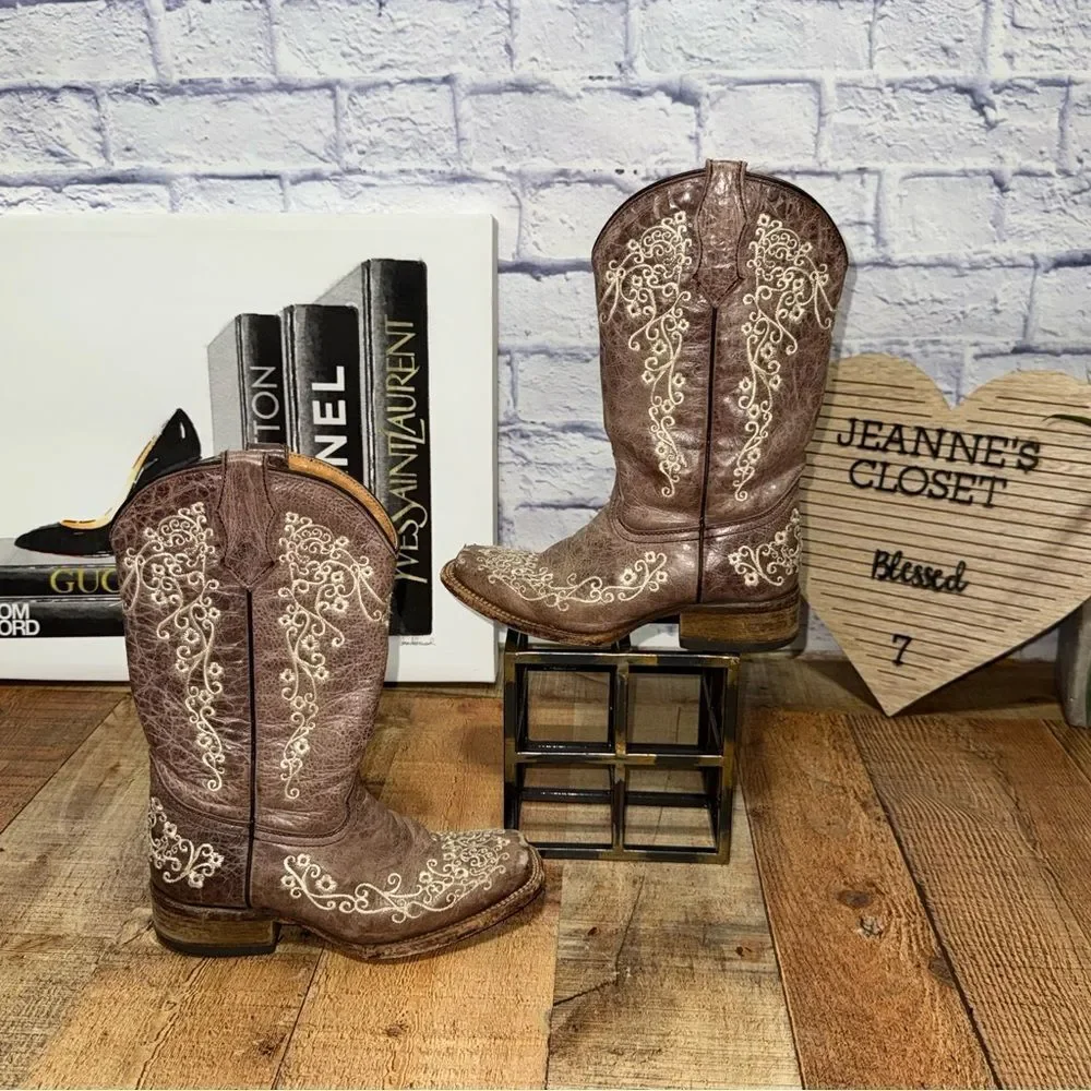 Corral Teens Western Boots Girls Sz 2 Gray Bone Embroidered Cowgirl Square Toe
